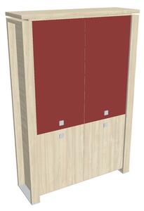 Vysoká skříň Verno+ 140 x 46 x 210 cm, kombinované dveře, akát / červená