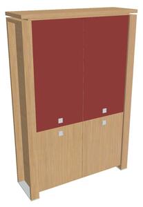 Vysoká skříň Verno+ 140 x 46 x 210 cm, kombinované dveře, dub světlý / červená