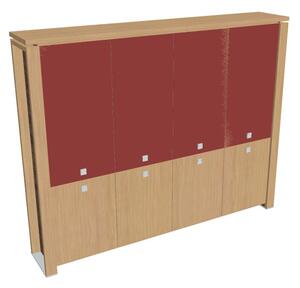 Vysoká skříň Verno+ 260 x 46 x 210 cm, kombinované dveře, dub světlý / červená