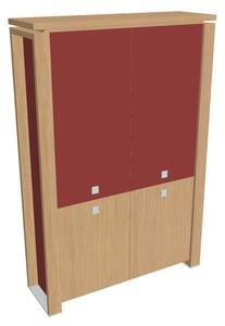 Vysoká skříň Verno+ S 140 x 46 x 210 cm, kombinované dveře, dub světlý / červená