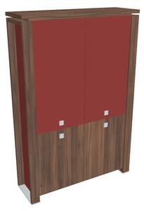 Vysoká skříň Verno+ S 140 x 46 x 210 cm, kombinované dveře, ořech / červená