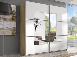 Skříň s posuvnými dveřmi se zrcadlem BETA dub San Remo/bílá šířka 200 cm