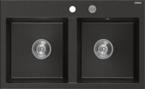 Mexen Hektor, 2-komorový granitový dřez 800x480x205 mm, černá-zlatá metalíza, chromový sifon, 6521802000-75