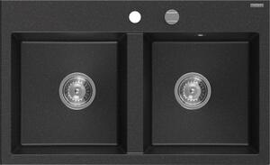 Mexen Hektor, 2-komorový granitový dřez 800x480x205 mm, černá-stříbrná metalíza, chromový sifon, 6521802000-73