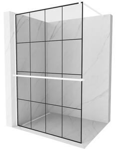 Mexen Kioto+, sprchová zástěna Walk-In s poličkou a věšákem 130 x 200 cm, 8mm čiré sklo černý vzor, ​​bílý profil, 800-130-121-20-77