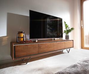 DELIFE TV stolek Stonegrace 200 cm akácie hnědá kamenná dýha 4 dvířka podnož ve tvaru V černá