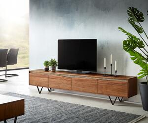 DELIFE TV stolek Stonegrace 220 cm akácie hnědá přírodní hrana 4 dvířka podnož ve tvaru V černá