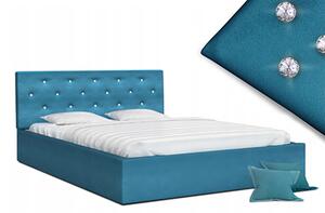 Luxusní manželská postel CRYSTAL tyrkysová 140x200 s dřevěným roštem
