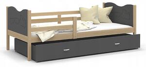 Dětská postel MAX P 80x160cm s borovicovou konstrukcí v šedé barvě s motivem vláčku