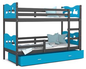 Dětská patrová postel MAX 160x80 cm s šedou konstrukcí v modré barvě s VLÁČKEM