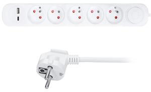 Solight prodlužovací přívod 5 zásuvek, USB A+C nabíječka 12W, 3m, 3 x 1mm2, bílý, vypínač PP152USBC