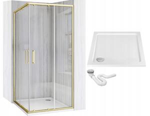 Rea City, sprchový kout s posuvnými dveřmi 90(dveře) x 90(dveře) x 190 cm, zlatý matný profil + bílá sprchová vanička Savoy, KPL-K6443