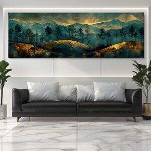 Obraz na plátně - Tmavé stromy ve zlatavých kopcích FeelHappy.cz Velikost obrazu: 120 x 40 cm