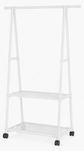 Věšák, stojan na šaty, A konstrukce, 2 police, kolečka, kov/plast, 158x52/86x42 cm, bílá, Dekorino TK20260029
