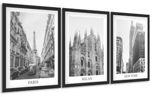 Sada plakátů Paris, Milan, New York - 3 dílná Barva rámu: Bez rámu, Velikost: 99 x 45 cm