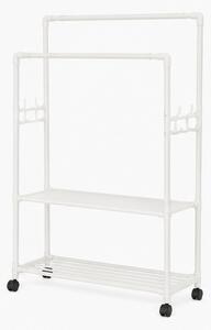 Věšák, stojan na šaty, 2 tyče, 2 police, kolečka, kov/plast, 166x56x33 cm, bílá, Dekorino TK20260027