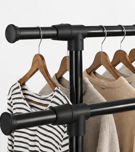 Věšák, stojan na šaty, 2 tyče, 3 police, výsuvný, kolečka, kov/plast, 90-150x90-150x40 cm, černá, Dekorino TK20260036