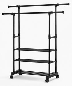 Věšák, stojan na šaty, 2 tyče, 3 police, výsuvný, kolečka, kov/plast, 90-150x90-150x40 cm, černá, Dekorino TK20260036