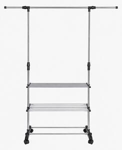 Věšák, stojan na šaty, 1 tyč, 3 police, výsuvný, kolečka, kov/plast, 93-158x91-164x43 cm, chrom/černá, Dekorino TK20260033
