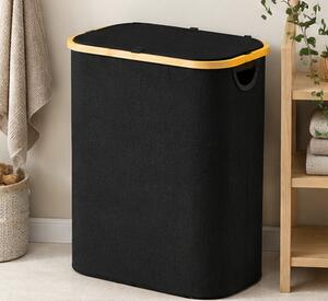 Koš na prádlo, objem 110+ l, s víkem, 3 odnímatelné tašky, látka/bambus, 75x43x32 cm, černá/přírodní, Dekorino KP20260003