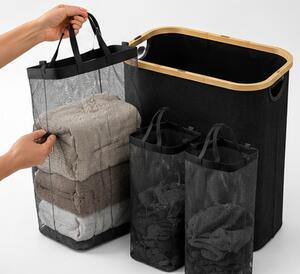 Koš na prádlo, objem 110+ l, s víkem, 3 odnímatelné tašky, látka/bambus, 75x43x32 cm, černá/přírodní, Dekorino KP20260003
