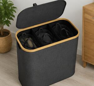 Koš na prádlo, objem 110+ l, s víkem, 3 odnímatelné tašky, látka/bambus, 75x43x32 cm, šedá/přírodní, Dekorino KP20260003