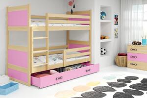 Dětská patrová postel s úložným prostorem bez matrace 80x160 FERGUS - borovice / růžová