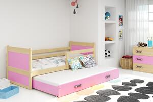 Dětská postel s přistýlkou bez matrací 80x190 FERGUS - borovice / růžová