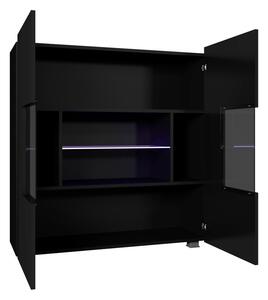 Prosklená komoda s LED modrým osvětlením CHEMUNG - černá / lesklá černá