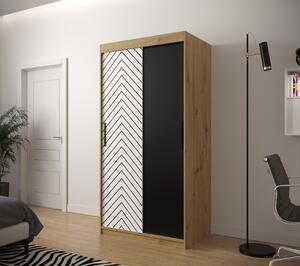 Šatní skříň s grafikou JANETTE 1 - šířka 100 cm, dub artisan / bílá / černá