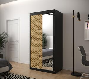 Skříň s grafikou a zrcadlem JANETTE 3 - šířka 100 cm, černá / dub artisan
