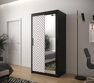 Skříň s grafikou a zrcadlem JANETTE 3 - šířka 100 cm, černá / bílá