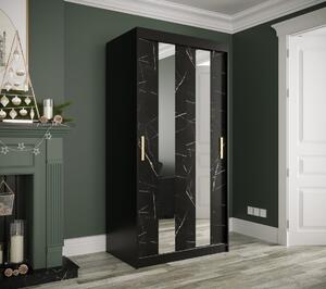 Šatní skříň s posuvnými dveřmi a zrcadly MAREILLE 4 - šířka 100 cm, černá / černý mramor