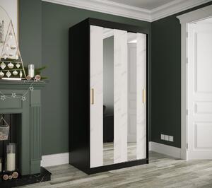 Šatní skříň s posuvnými dveřmi a zrcadly MAREILLE 4 - šířka 100 cm, černá / bílý mramor