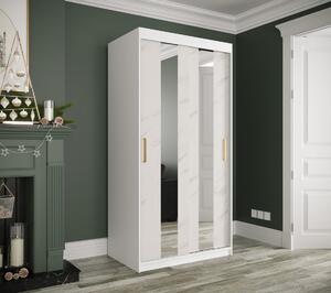 Šatní skříň s posuvnými dveřmi a zrcadly MAREILLE 4 - šířka 100 cm, bílá / bílý mramor