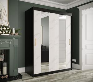 Šatní skříň s posuvnými dveřmi a zrcadly MAREILLE 4 - šířka 150 cm, černá / bílý mramor