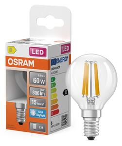 Průhledná LED žárovka E14 STAR 5,9 W CLASSIC P, studená bílá