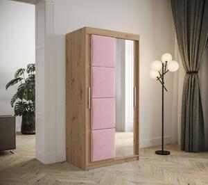Šatní skříň s posuvnými dveřmi 100 cm TALIA - dub artisan / růžová