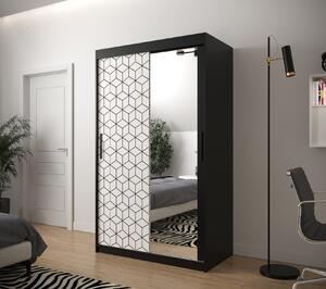 Skříň s grafikou a zrcadlem PERIANA 2 - šířka 120 cm, černá / bílá