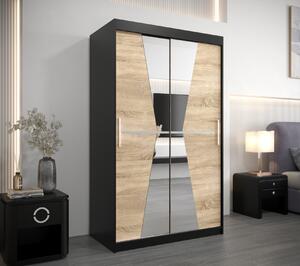 Šatní skříň se zrcadly MILANA - šířka 120 cm, černá / dub sonoma