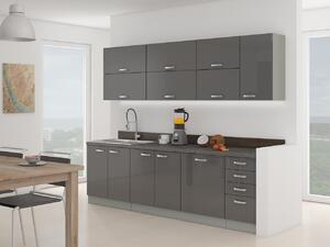 Kuchyně 260/260 cm RONG 4 - šedá / lesklá šedá + LED, pracovní deska a příborník ZDARMA