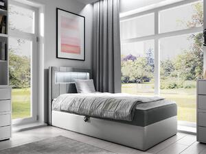 Kontinentální jednolůžková postel 100x200 RAMIRA 1 - bílá ekokůže / šedá, levé provedení + topper ZDARMA