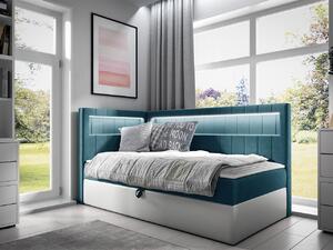 Kontinentální jednolůžková postel 90x200 RAMIRA 3 - bílá ekokůže / modrá 2, levé provedení + topper ZDARMA