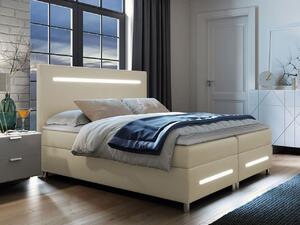 Boxspringová manželská postel 140x200 MARIELA - béžová ekokůže + topper a LED osvětlení ZDARMA