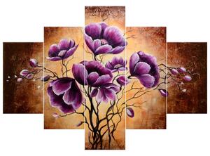 Ručně malovaný obraz Rostoucí fialové květy - 5 dílný Rozměry: 150 x 105 cm