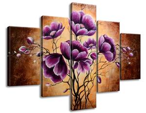 Ručně malovaný obraz Rostoucí fialové květy - 5 dílný Rozměry: 150 x 105 cm