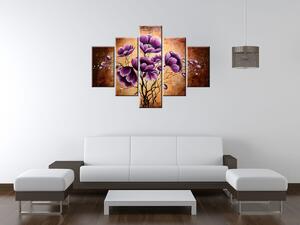 Ručně malovaný obraz Rostoucí fialové květy - 5 dílný Rozměry: 100 x 70 cm