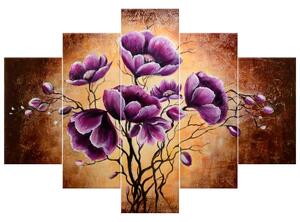 Ručně malovaný obraz Rostoucí fialové květy - 5 dílný Rozměry: 100 x 70 cm
