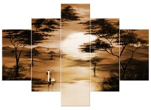 Ručně malovaný obraz Africký západ slunce - 5 dílný Rozměry: 100 x 70 cm