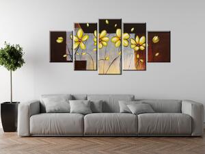 Ručně malovaný obraz Žluté kvítky - 5 dílný Rozměry: 150 x 70 cm